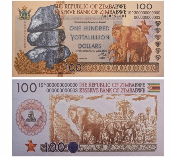 Banknot Kolekcjonerski 100 Yottalillion Dolarów Zimbabwe UV